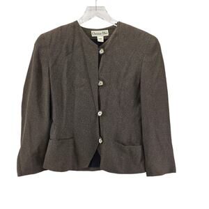 Vintage Christian Dior Blazer Jacket Womens 4 Collarless Brown Black Speckled